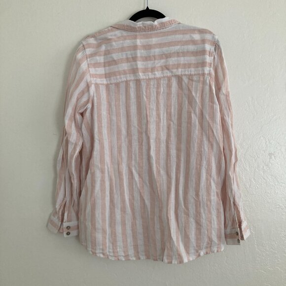 C&C California 100% Linen Striped Button Down Top White Pink Beach Nautical L - Picture 4 of 7